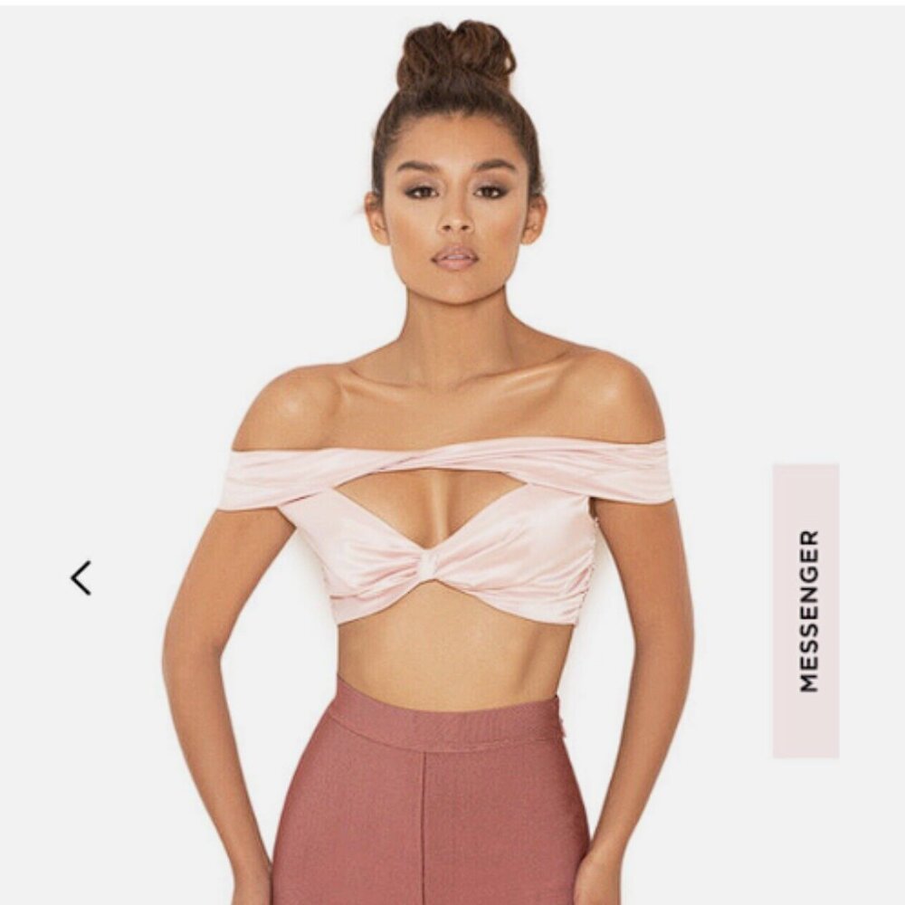 House of CB 'Mouna' Blush Pink Satin Off Shoulder Crop Top NWT